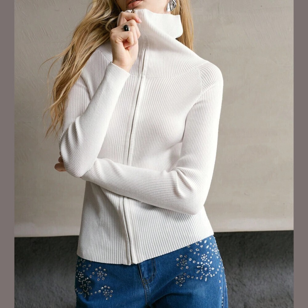 Ivory Ribbed Knit Zip Front Turtleneck Sweater